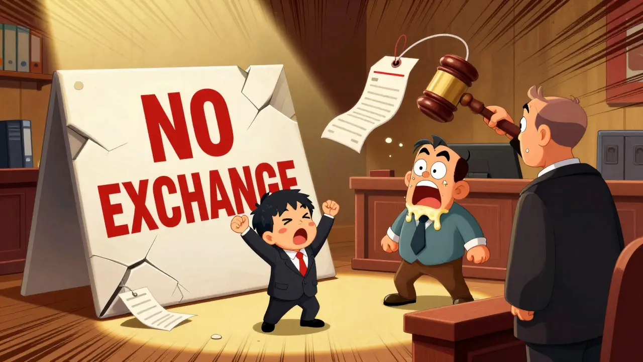 Покупатель побеждает в суде, магазин падает, а чек и бирки парят в воздухе как доказательства.