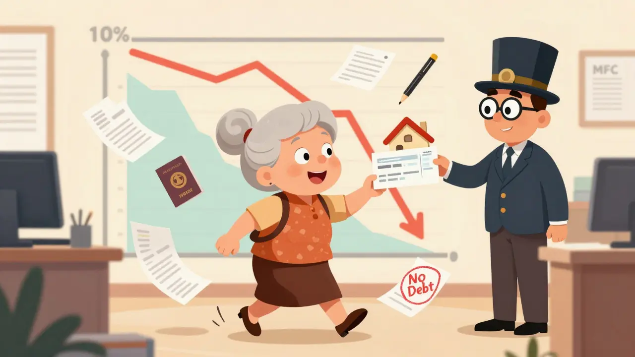 Пожилая женщина получает субсидию в виде домика в МФЦ с веселыми документами вокруг.