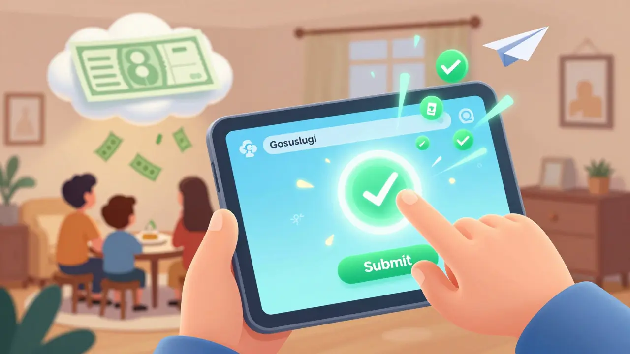 Семья смотрит, как субсидия с помощью приложения Госуслуги уменьшает счет за коммуналку.