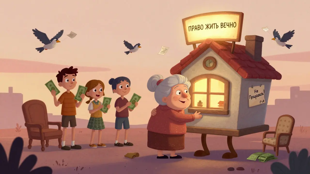 Вдова обнимает дом, дети держат деньги — право жить вечно.