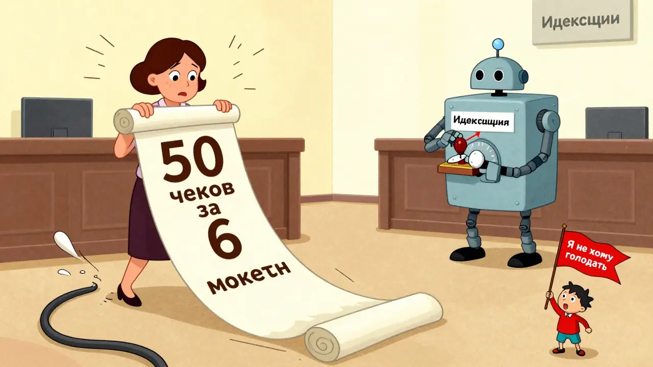 Мать представляет стопку чеков в суде, робот индексирует алименты, ребенок машет флагом.