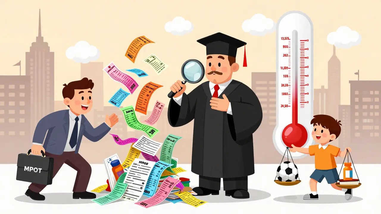 Судья рассматривает чеки на еду и занятия, отец пытается уменьшиться, ребенок держит весы.