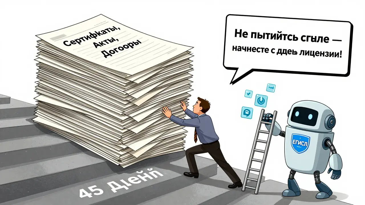 Бизнесмен толкает огромную стопку бумаг вверх по лестнице с надписью '45 дней', рядом — робот с ЕГИСЛ.