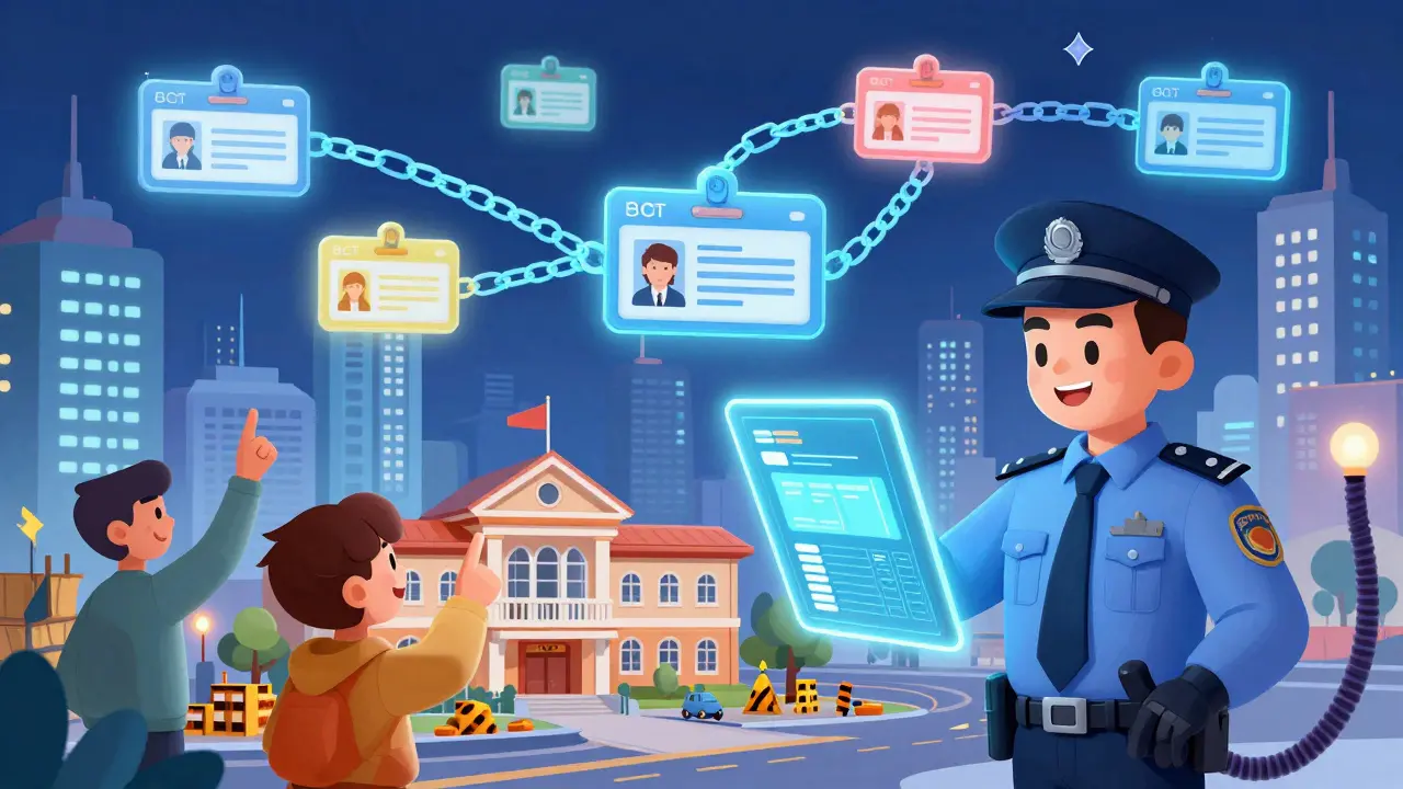 Футуристический город с блокчейн-лицензиями над зданиями, инспектор проверяет данные на планшете.