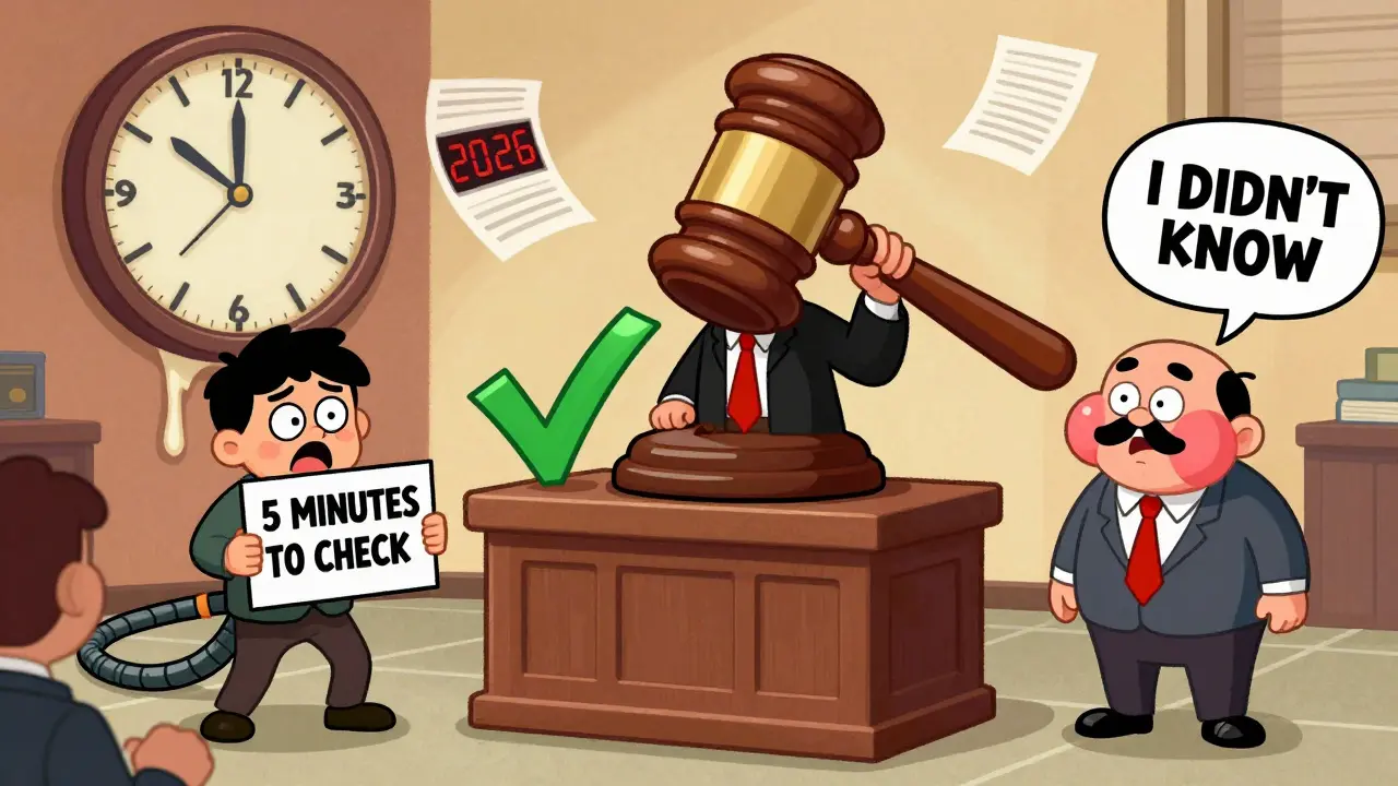 Судебный зал: клиент и мошенник противостоят друг другу, а часы тают, показывая 2026 год.