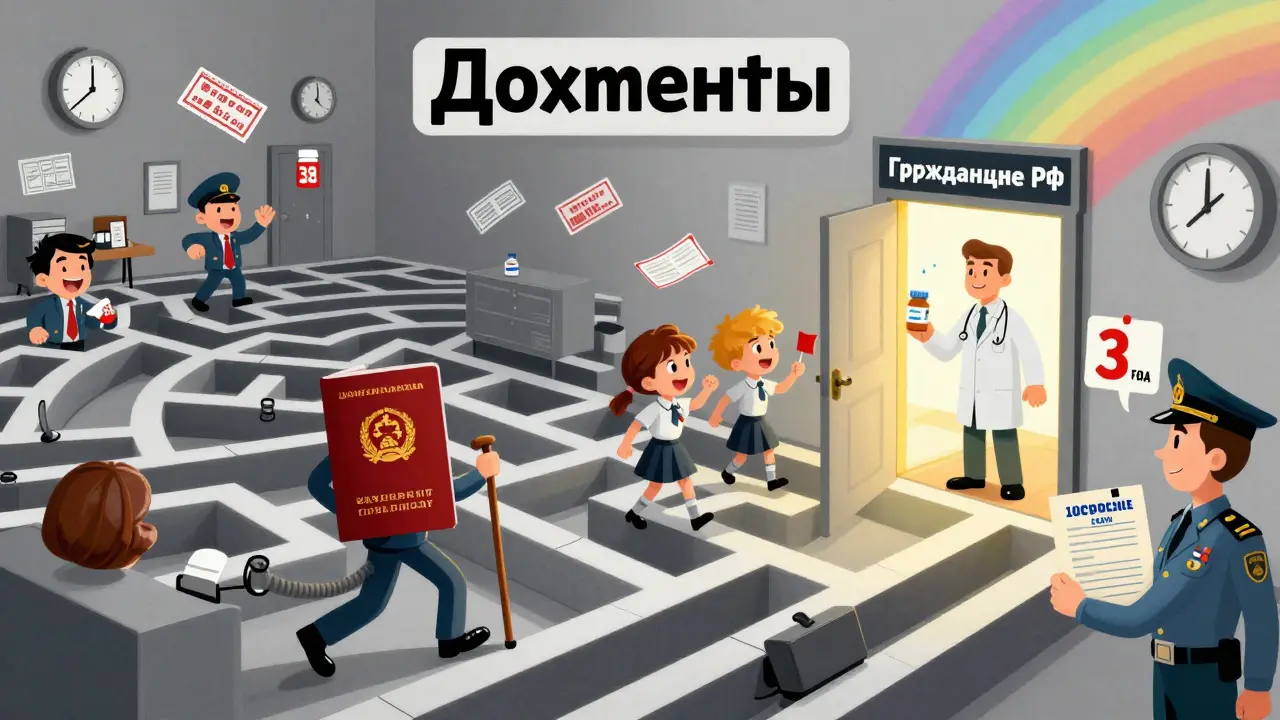 Человек проходит через лабиринт документов к двери гражданства РФ с радужным будущим.