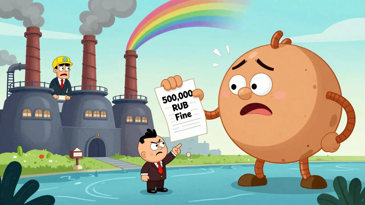Фабрика с лицом получает штраф за загрязнение реки, а директор и инженер смотрят в страхе.