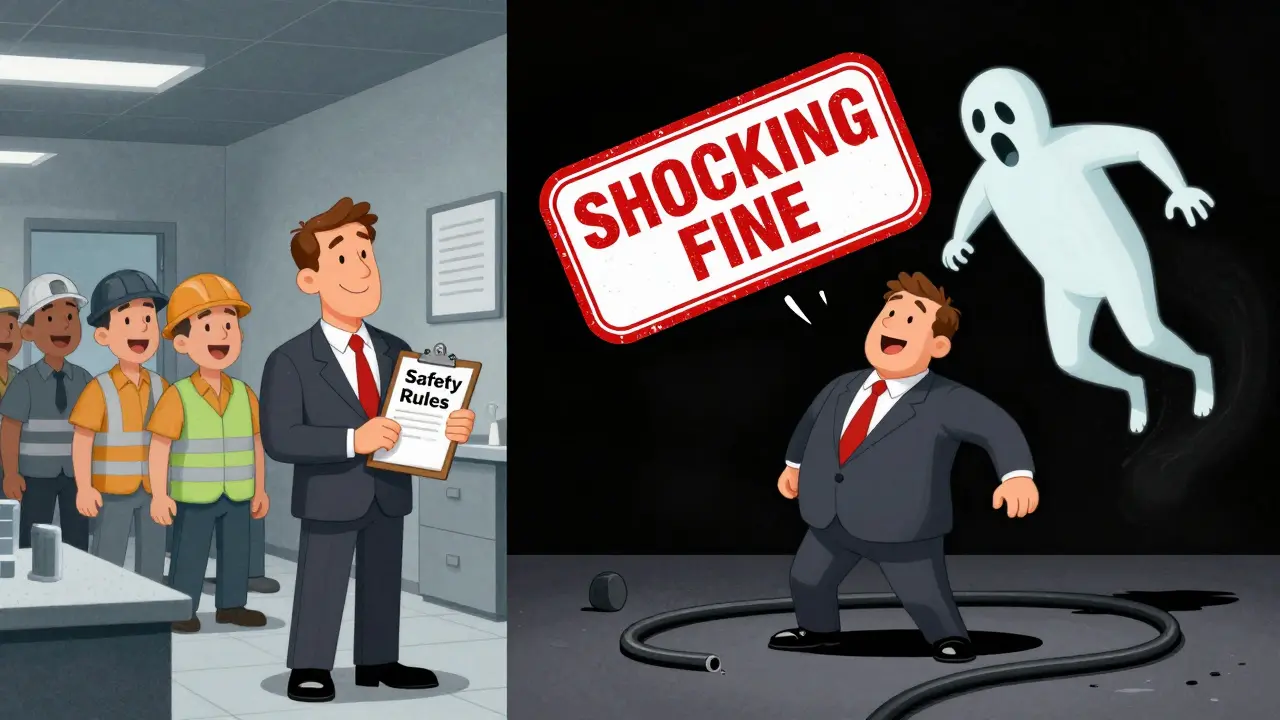 Руководитель в двух сценах: один — с командой, другой — под давлением штрафа, в стиле резиновой анимации.