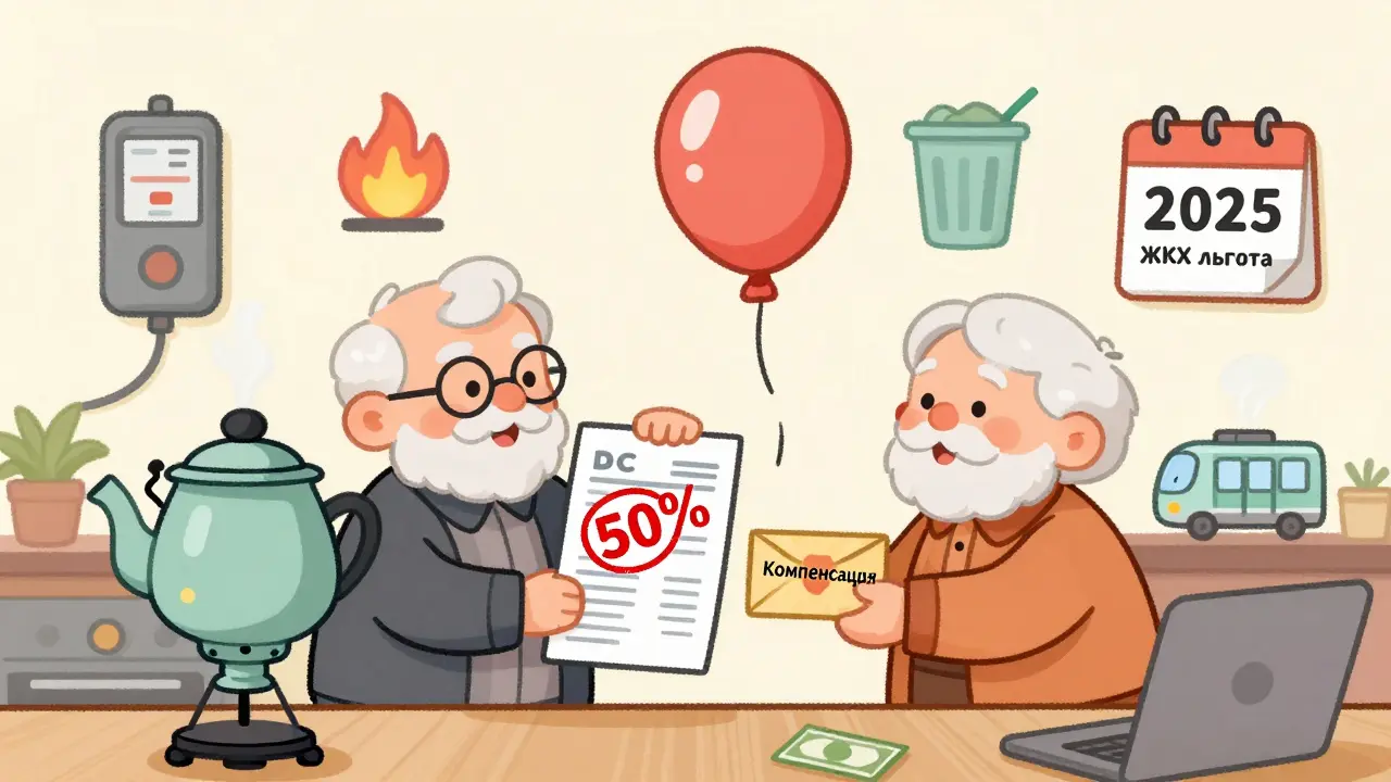 Две пожилые личности в кухне получают компенсацию за ЖКХ, вокруг — символы коммунальных услуг.