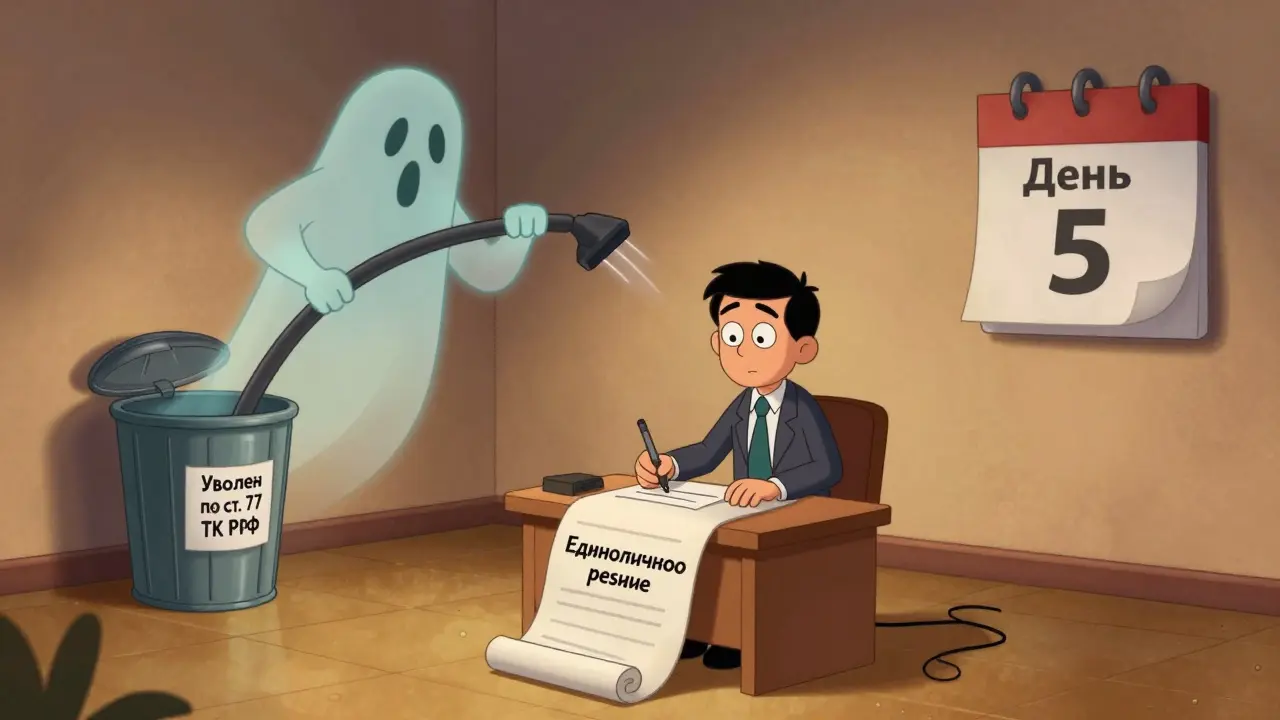 Единственный участник ООО подписывает решение об увольнении директора, бывший директор исчезает в мусорном ведре.