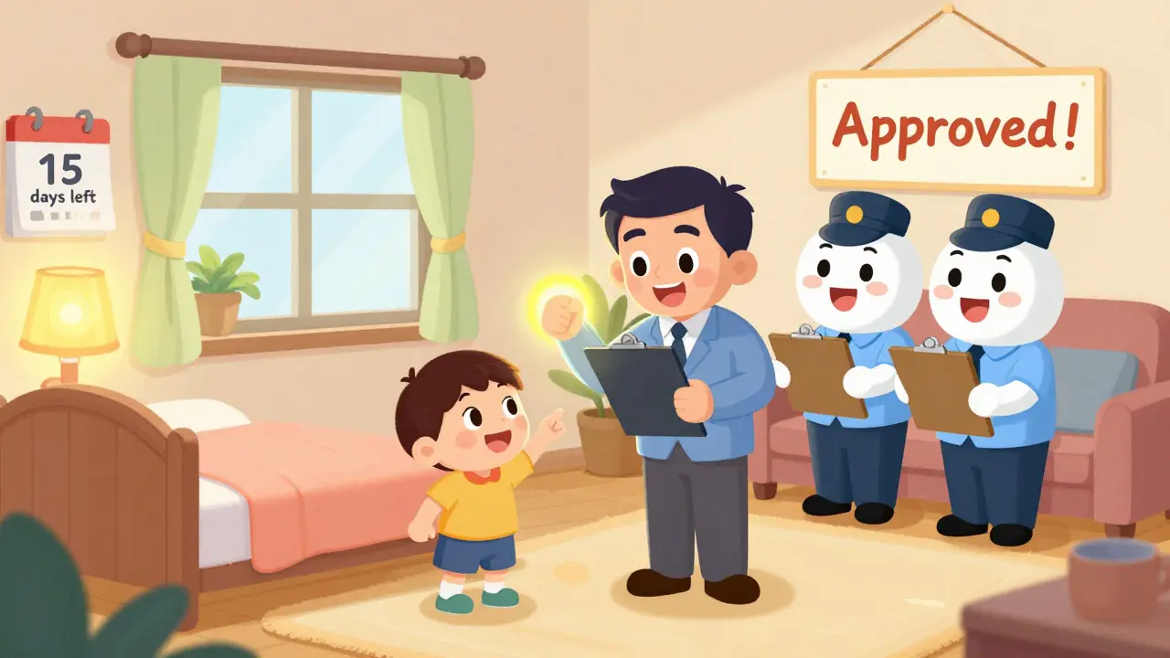 Опекун и ребёнок в доме, проверяющие смотрят на кровать, лампу и окно — всё одобрено.