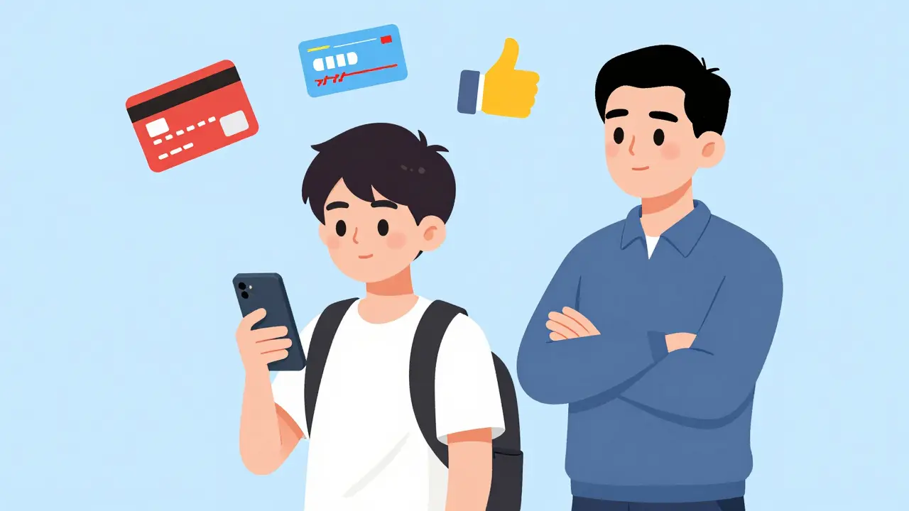 Подросток с телефоном, рядом попечитель с одобрительным взглядом, символы свободы и контроля.