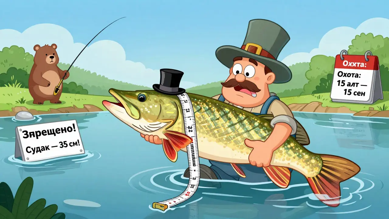 Щука измеряется гибкой лентой, рыбак пытается согнуть её, вокруг — запрещающие знаки и календарь охоты на медведя.