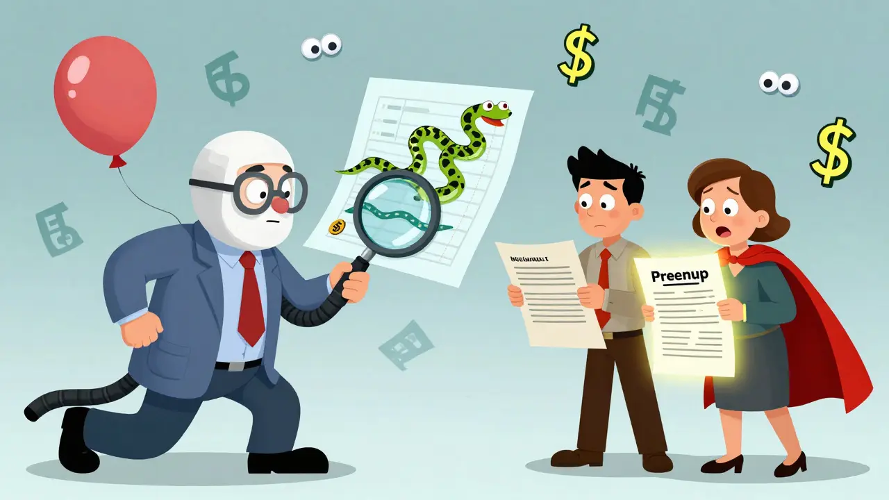 Аналитик с резиновой лупой ловит скрытые доходы в виде змей, один супруг держит брачный договор.