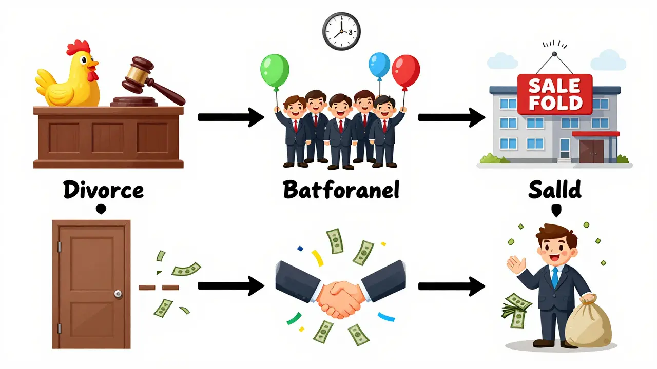 Четыре пути раздела бизнеса при разводе: суд, две компании, деньги и продажа — в яркой мультяшной иллюстрации.