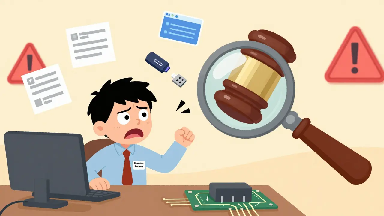 ИТ-сотрудник под судом среди цифровых доказательств, в стиле мультяшной сатиры.