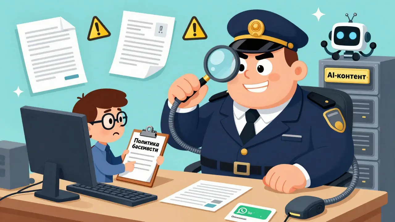 Малый бизнесмен пытается разобраться с законом о защите информации, пока надзиратель с лупой указывает на нарушения.