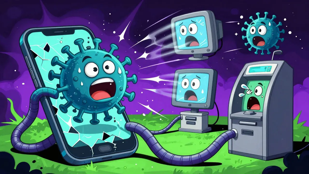 Огромный вирус с щупальцами заражает больницу, электросеть и банкомат в мультяшной манере.