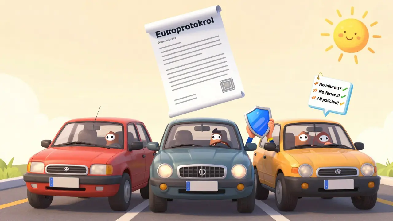 Три машины оформляют ДТП по ПВУ, все участники подписывают общий документ в воздухе.