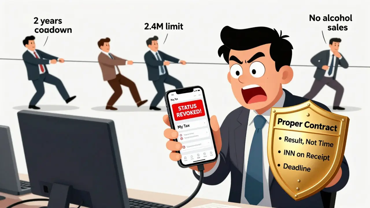 Менеджер проверяет статус самозанятого в приложении, а трое работников уходят под знаками ограничений.