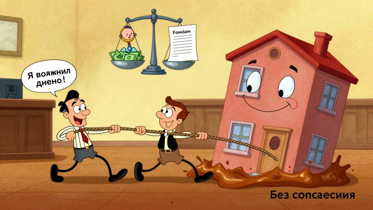 Разведённая пара тянет дом в суде, один тянет за деньги, другой застрял в 'без согласия', над ними весы с деньгами и детской игрушкой.
