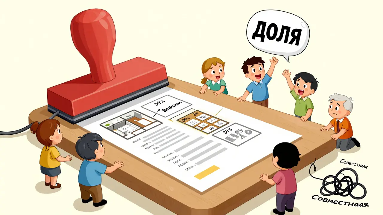 Семья у нотариуса, договор превращается в отдельные комнаты с долями, а хаотичный узел расплетается в чёткие линии.