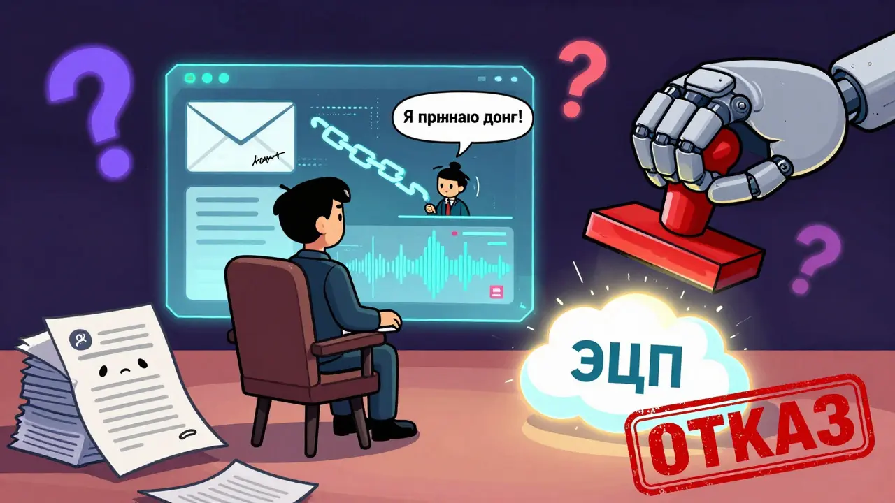 Судья рассматривает цифровые доказательства в виде голографических документов, включая ЭЦП и блокчейн, в современном цифровом зале.