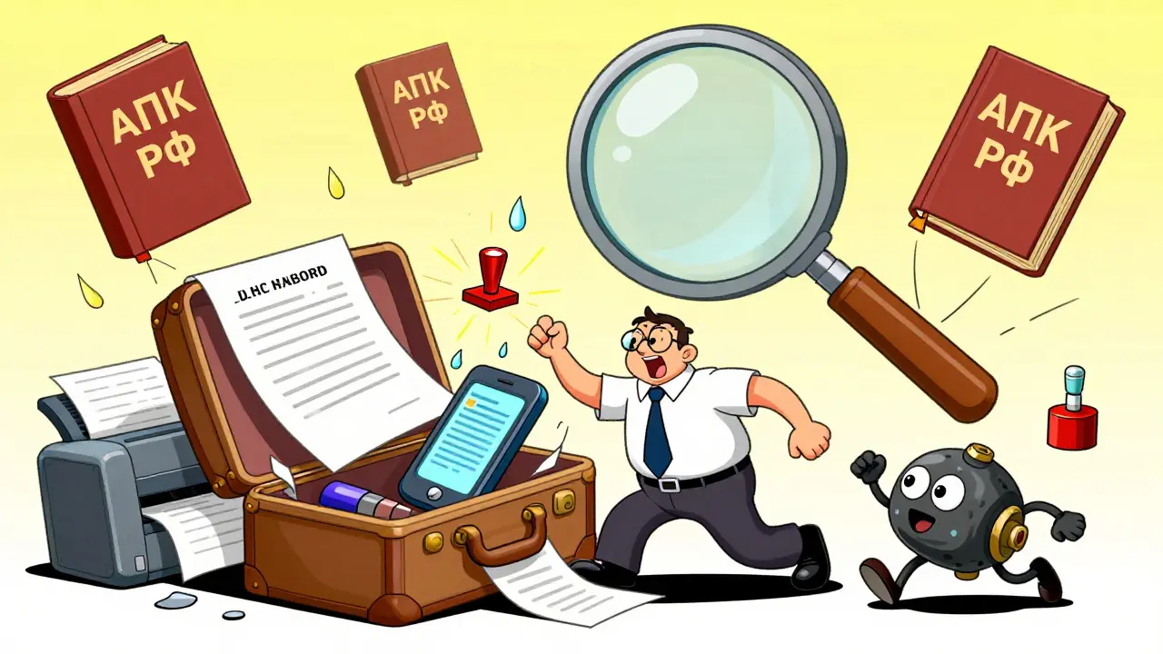 Юрист пытается упаковать доказательства в чемодан, пока бракованный товар убегает, а бумаги застревают в принтере.