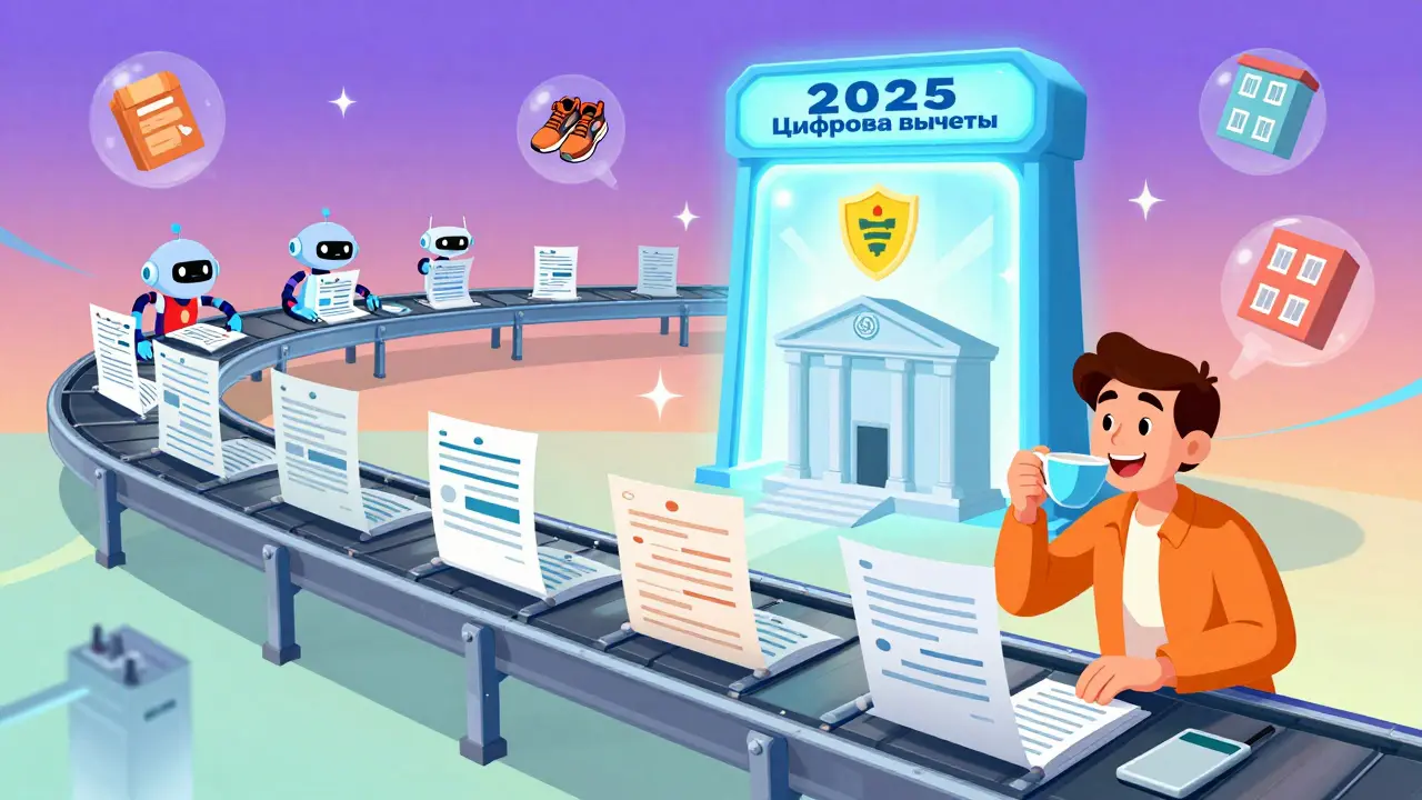 Автоматизированный конвейер пересылает документы из больницы, вуза и банка в цифровой портал, человек спокойно пьёт чай.