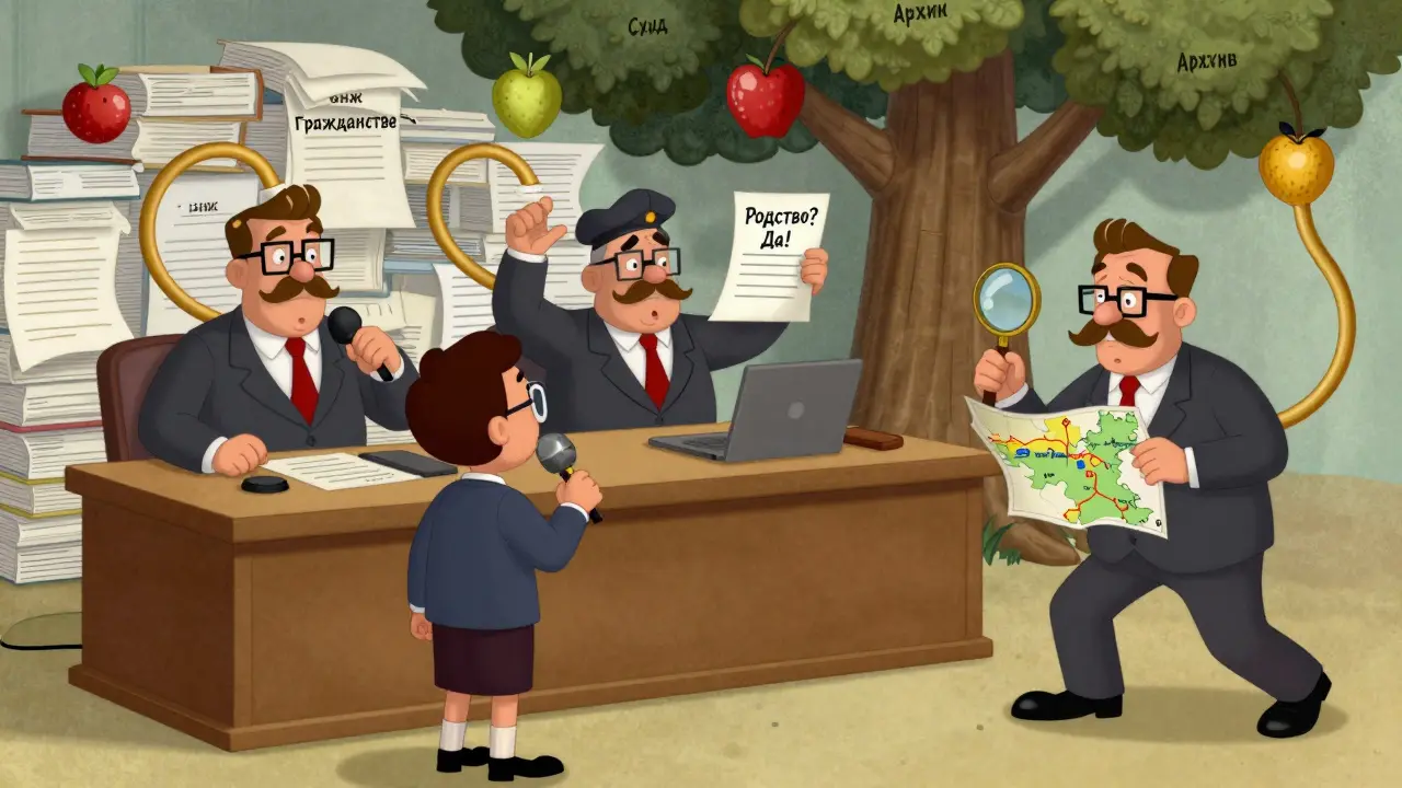 Человек сдает экзамен на русский язык перед тремя строгими чиновниками за гигантским столом.