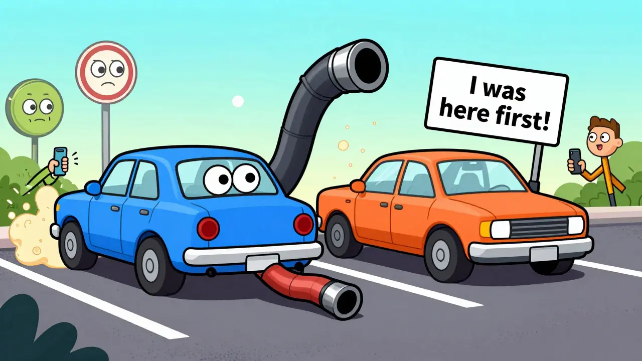 Две машины на парковке в споре: одна сдает назад, другая стоит, зритель снимает на телефон.