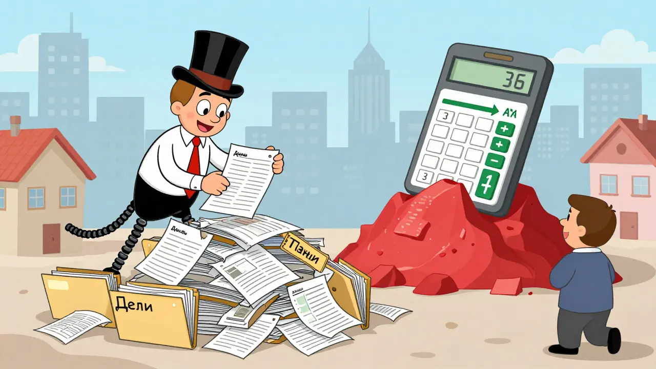 Финансовый управляющий в шляпе сортирует документы, превращая огромный долг в маленький ежемесячный платёж.