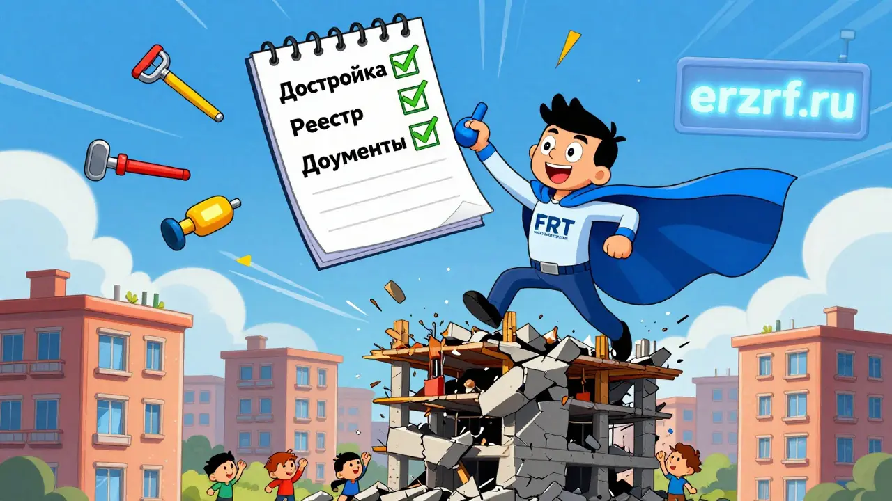 Герой ФРТ поднимает разрушающийся дом, дольщики радуются в новых квартирах, на небе — реестр и сайт erzrf.ru.