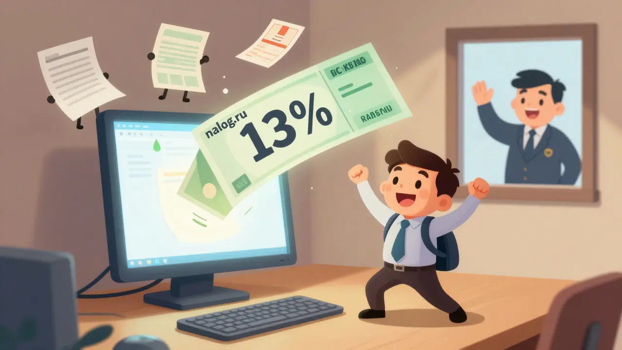 Рабочий танцует под огромным чеком возврата налога, исходящим из компьютера с логотипом налоговой службы.