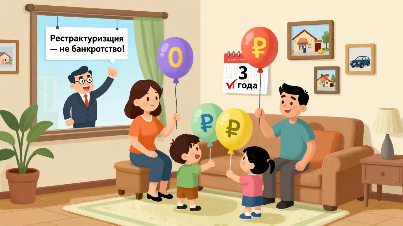 Семья празднует окончание реструктуризации, держа воздушные шары с надписью 'Долг погашен!', их дом и машина целы.