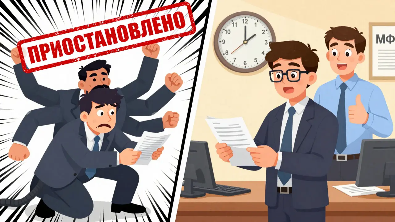 Сравнение неудачной и успешной подачи документов в МФЦ в мультяшном стиле.