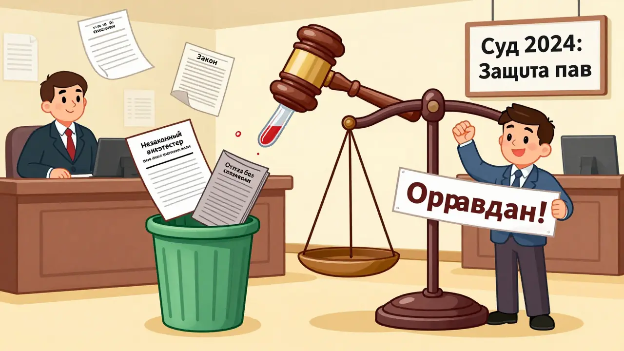 Судья опрокидывает незаконные документы, водитель празднует победу над прибором.