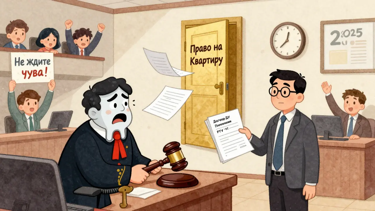 Судья вручает дольщику золотую дверь квартиры, а застройщик теряет документы, в зале — плакаты 'Не ждите чуда!'