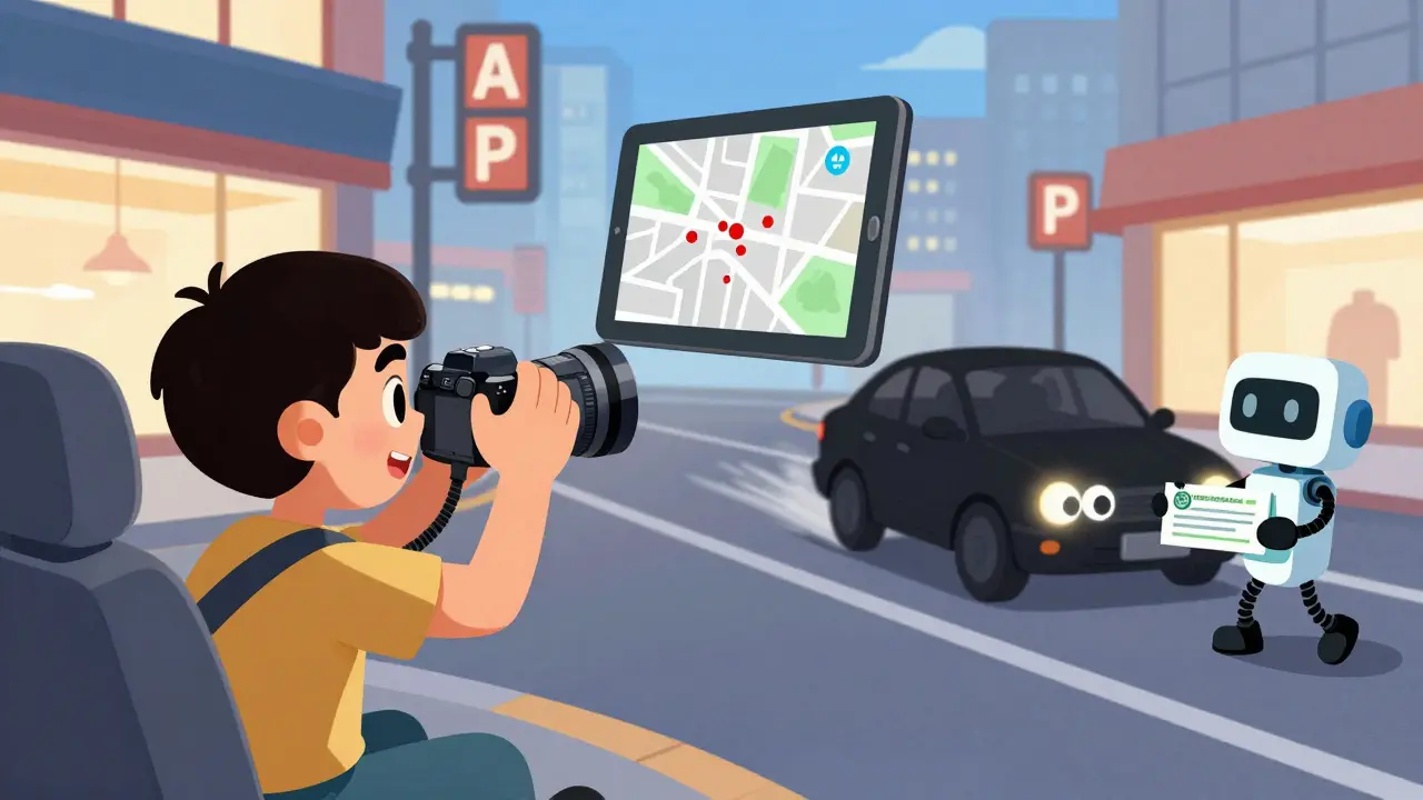 Водитель фотографирует повреждение, скрывающаяся машина с глазами-бусинками, робот-страховщик дает чек.