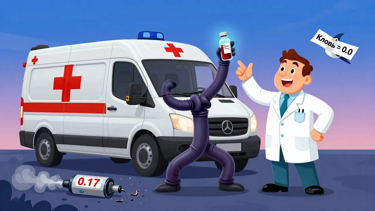Водитель с чистым анализом крови стоит у медицинского пункта, алкотестер разваливается.