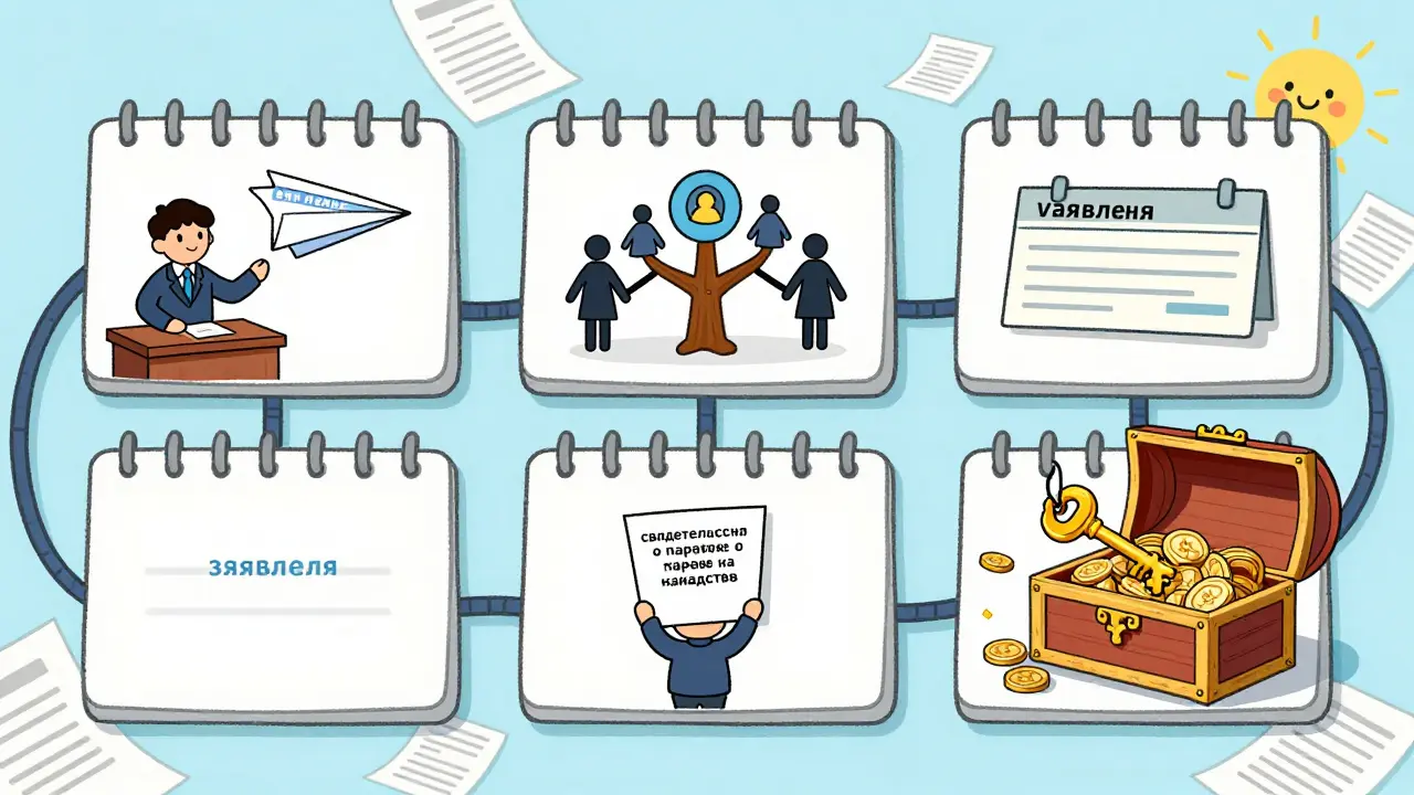 Календарь с шестью шагами наследования открывает сундук с деньгами.