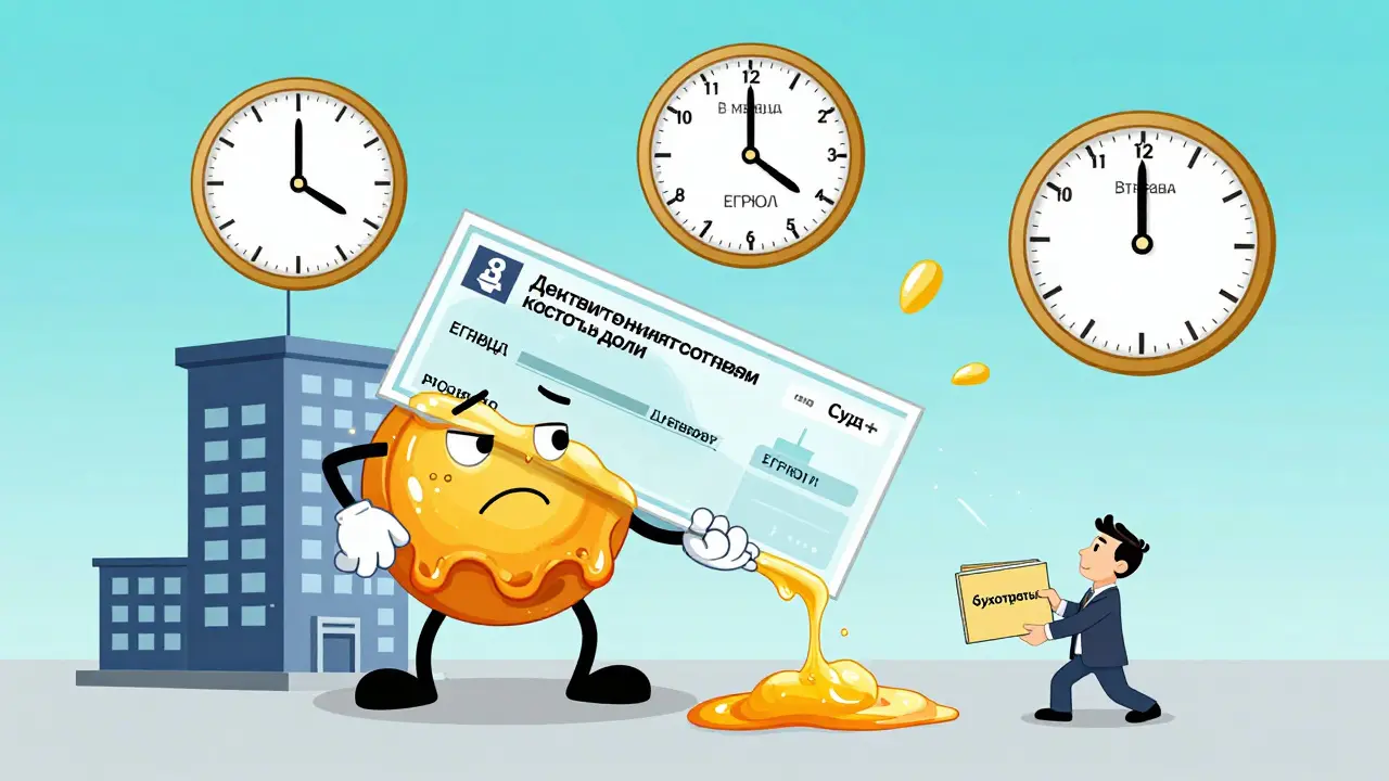 Компания медленно выплачивает долю участнику, а часы показывают срок в три месяца и угрозу суда.