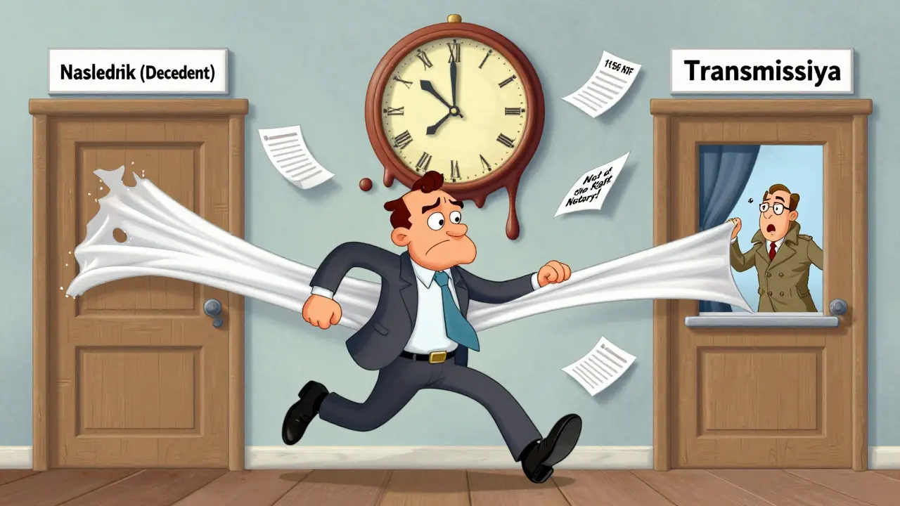 Мужчина бежит между дверями наследства, часы тают, бумаги летят — иллюстрация правил трансмиссии.