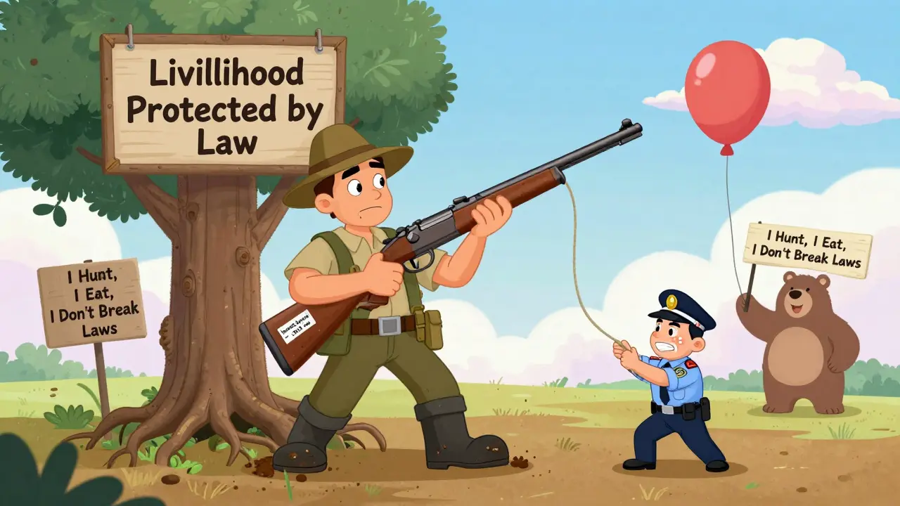 Охотник держит ружьё, которое растёт как дерево, а полицейский пытается его оттянуть — закон защищает средство к существованию.