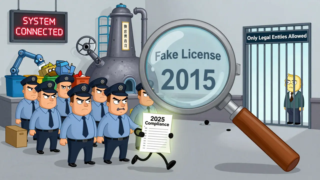 Резиновая трубка анимация: инспекторы проверяют фальшивую лицензию, ИП снаружи ворот