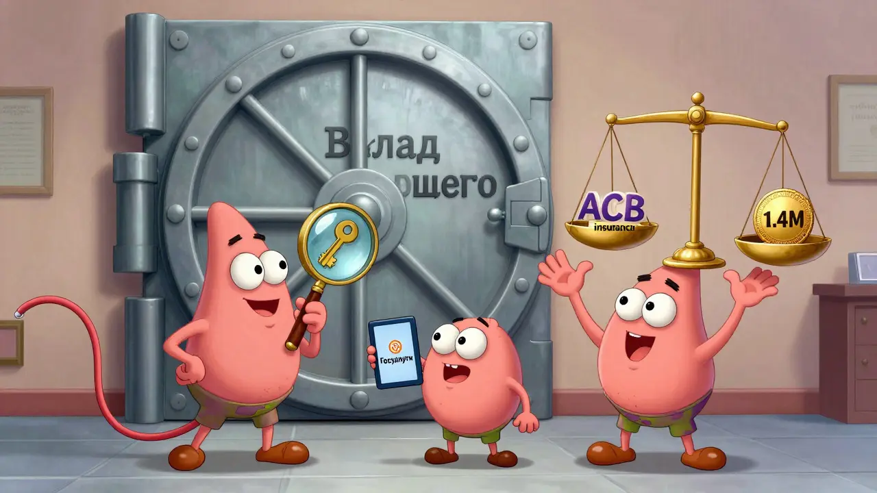 Семья ищет вклад в банке, рядом — табличка с 1,4 млн рублей и АСВ.