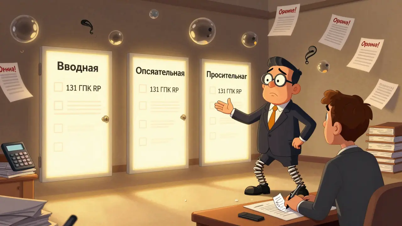 Юрист показывает клиенту четыре части иска как двери с юридическими кодами.