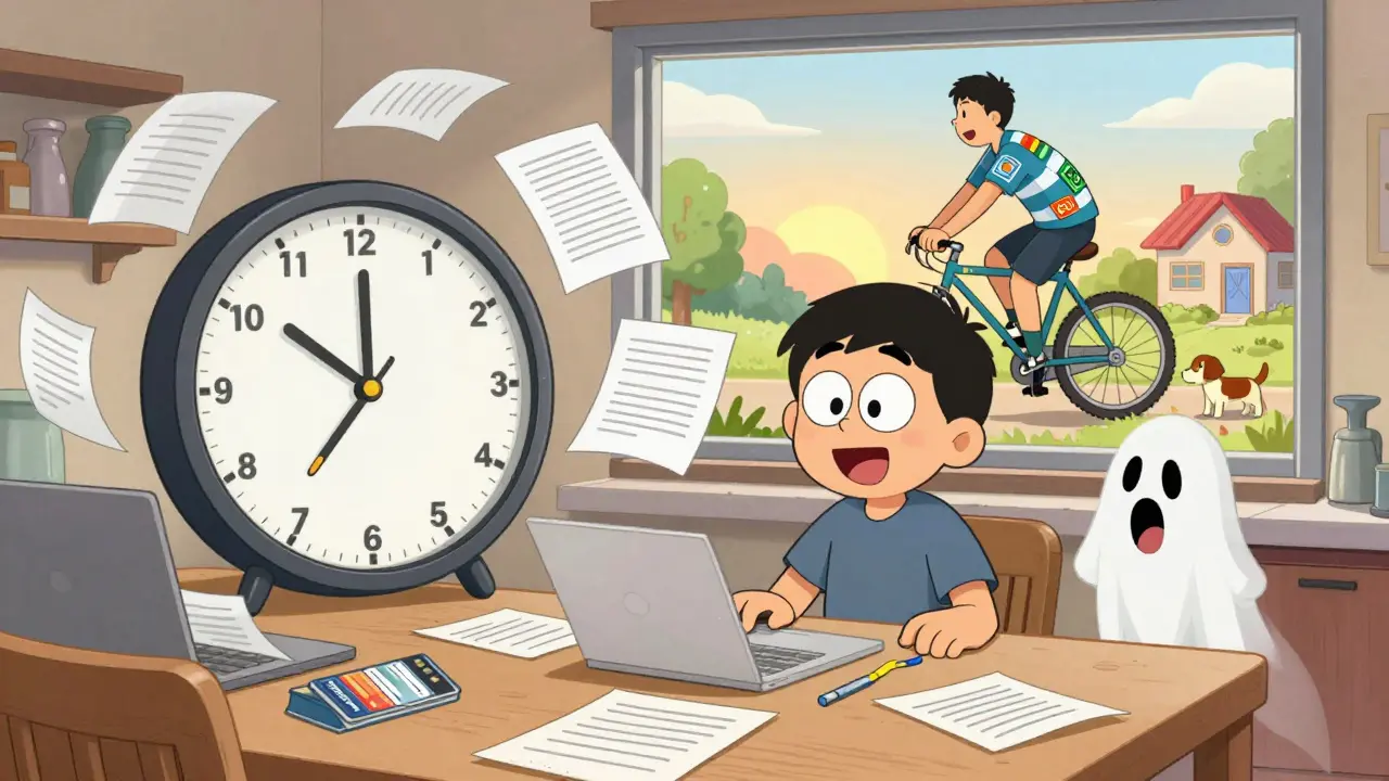 Человек на кухне с документами, часы тикают, старый долг исчезает, в окне — новая жизнь.