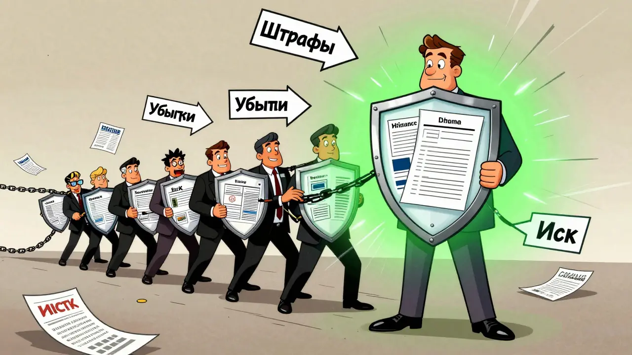 Директор защищен документами и страховкой, в то время как другие директора тянутся цепями штрафов и долгов.