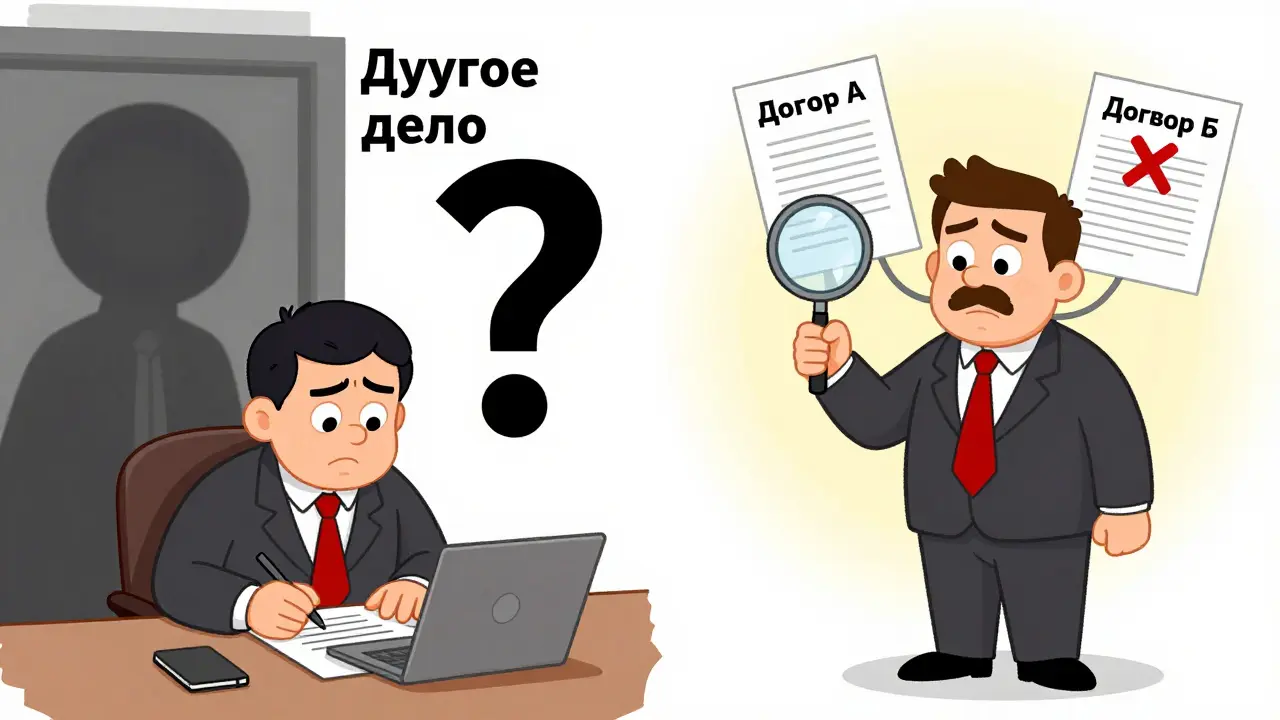 Два пути в суде: один заблокирован несвязанным делом, другой показывает чёткую связь между документами.